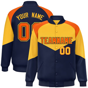 Custom Gold Navy Varsity Full-Snap Color Block Letterman Jacket