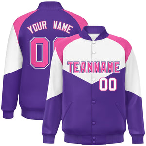 Custom White Purple Varsity Full-Snap Color Block Letterman Jacket