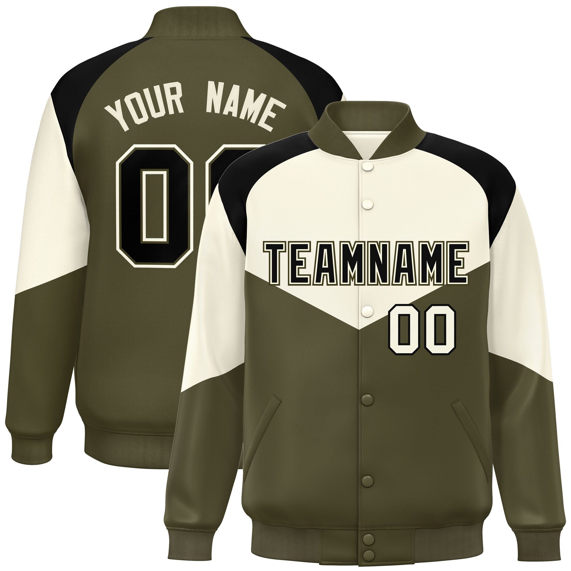 Custom Cream Olive Varsity Full-Snap Color Block Letterman Jacket