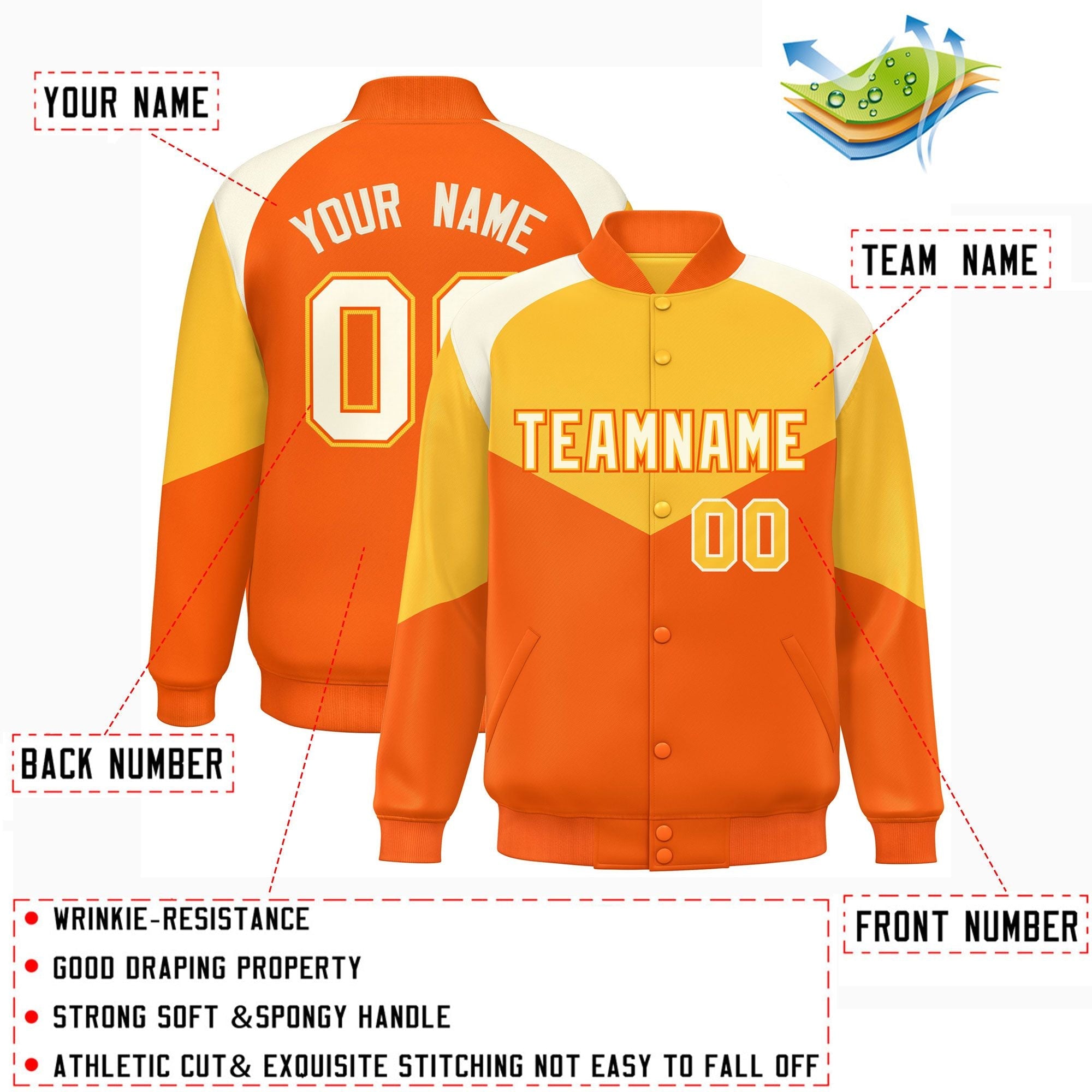 Custom Gold Orange Varsity Full-Snap Color Block Letterman Jacket