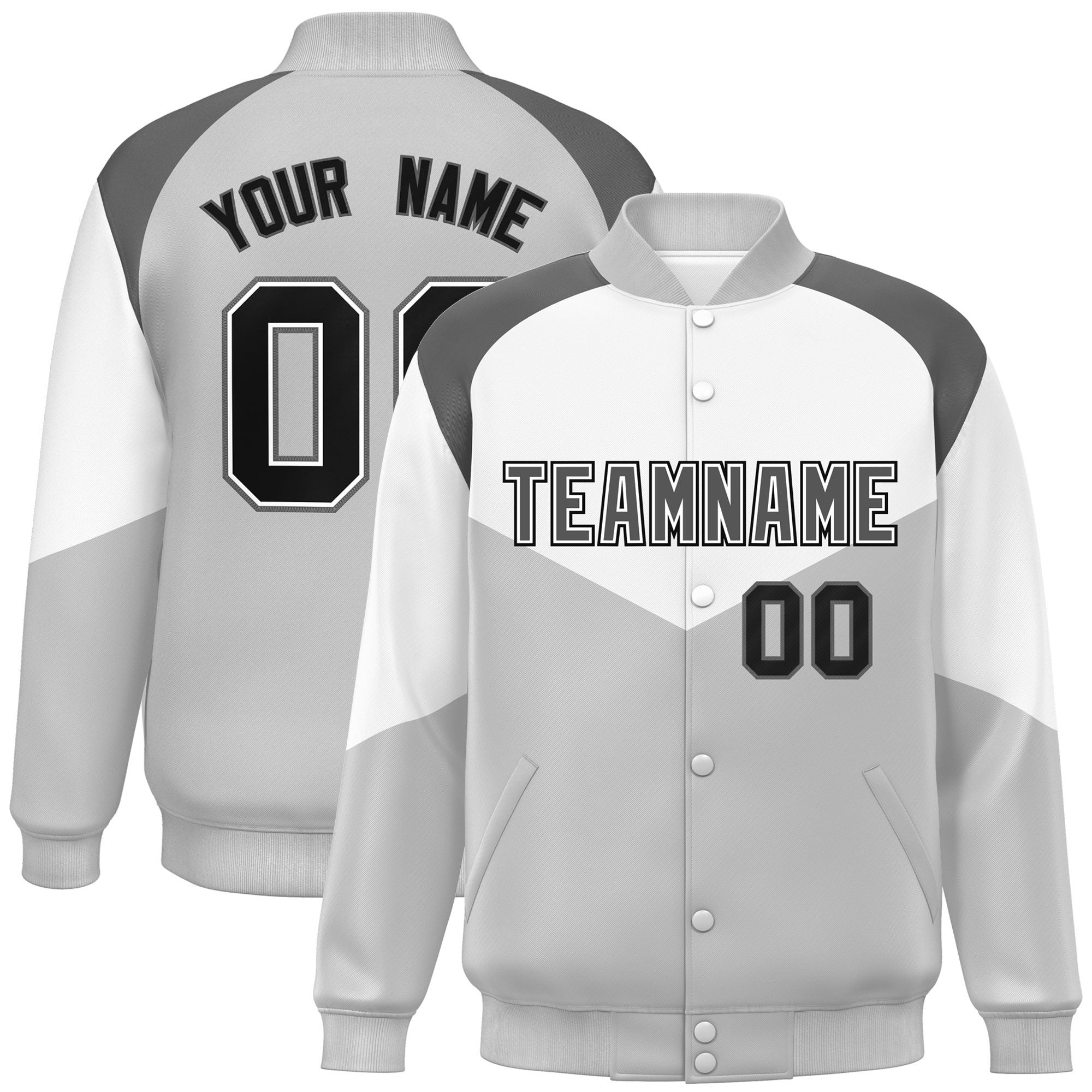 Custom White Gray Varsity Full-Snap Color Block Letterman Jacket