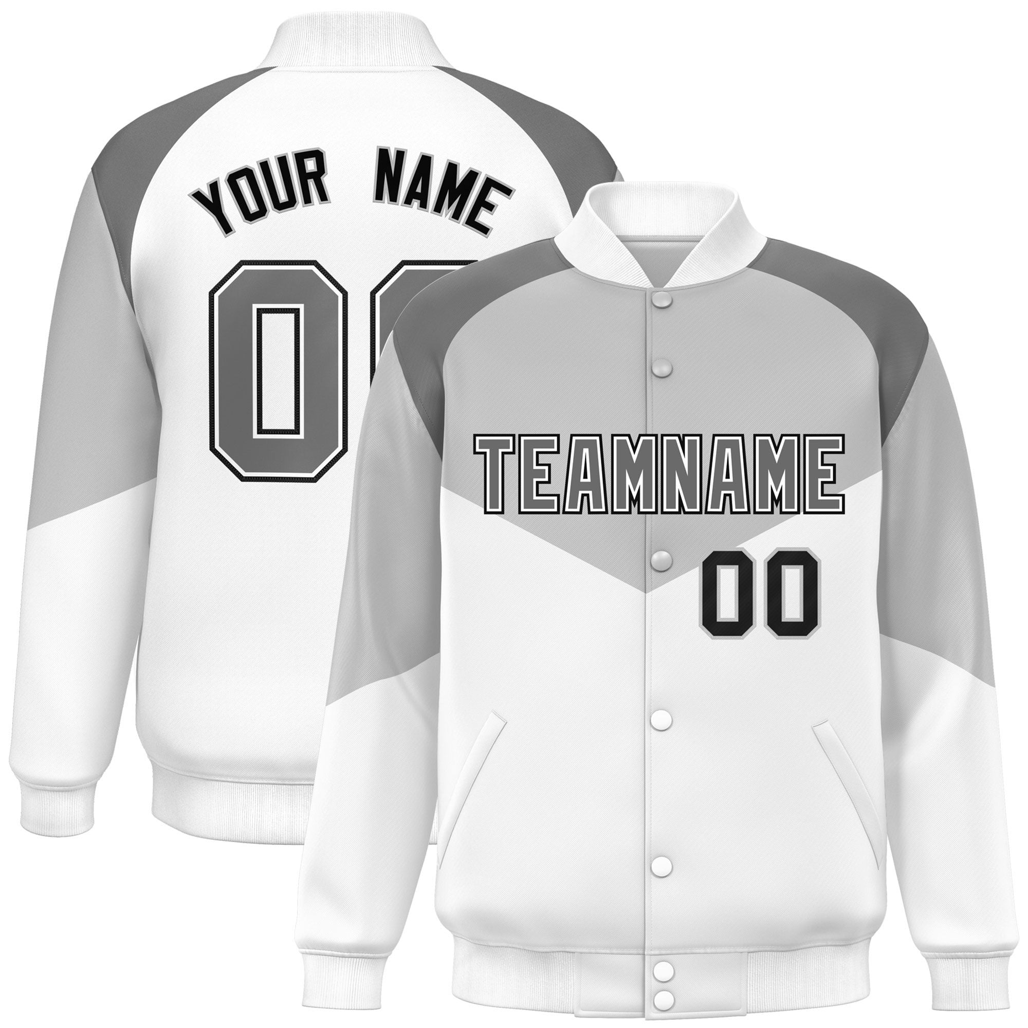 Custom Gray White Varsity Full-Snap Color Block Letterman Jacket