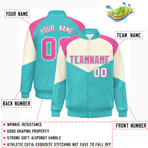 Custom Cream Bright Green Varsity Full-Snap Color Block Letterman Jacket