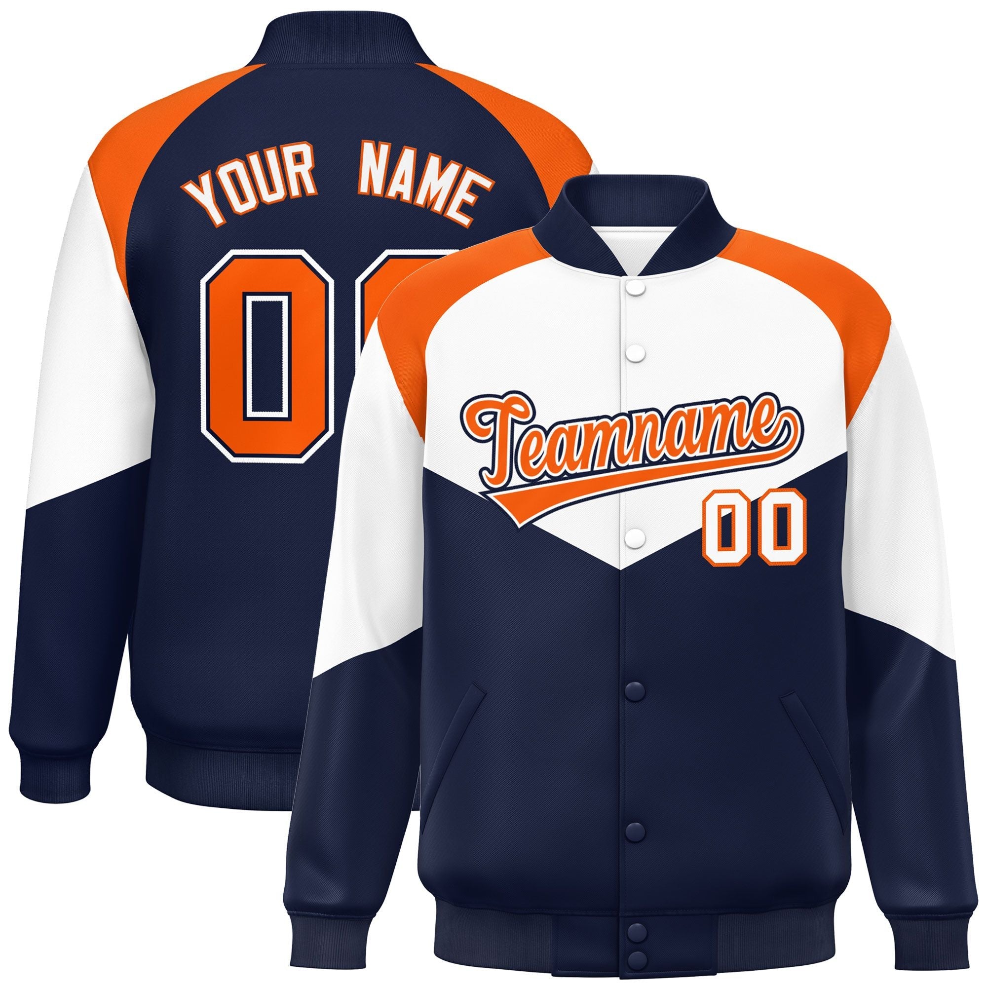 Custom White Navy Varsity Full-Snap Color Block Letterman Jacket