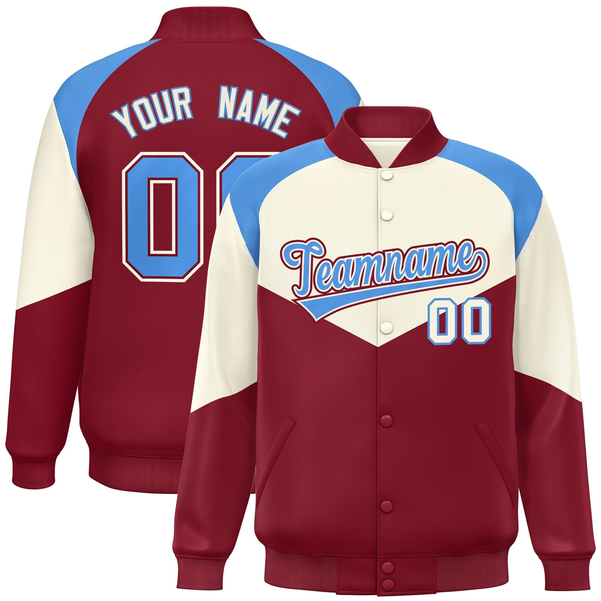 Custom Cream Crimson Varsity Full-Snap Color Block Letterman Jacket