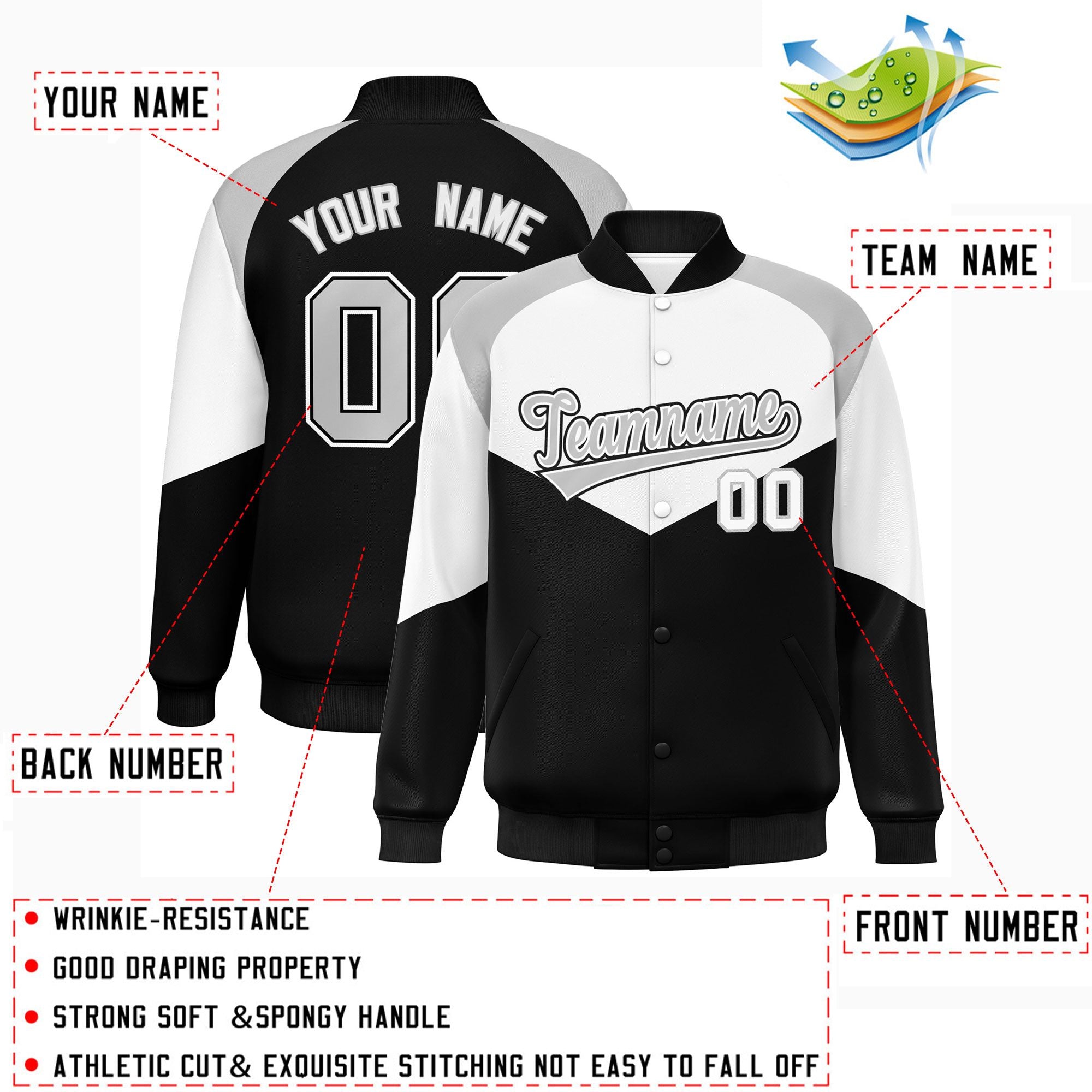 Custom White Black Varsity Full-Snap Color Block Letterman Jacket