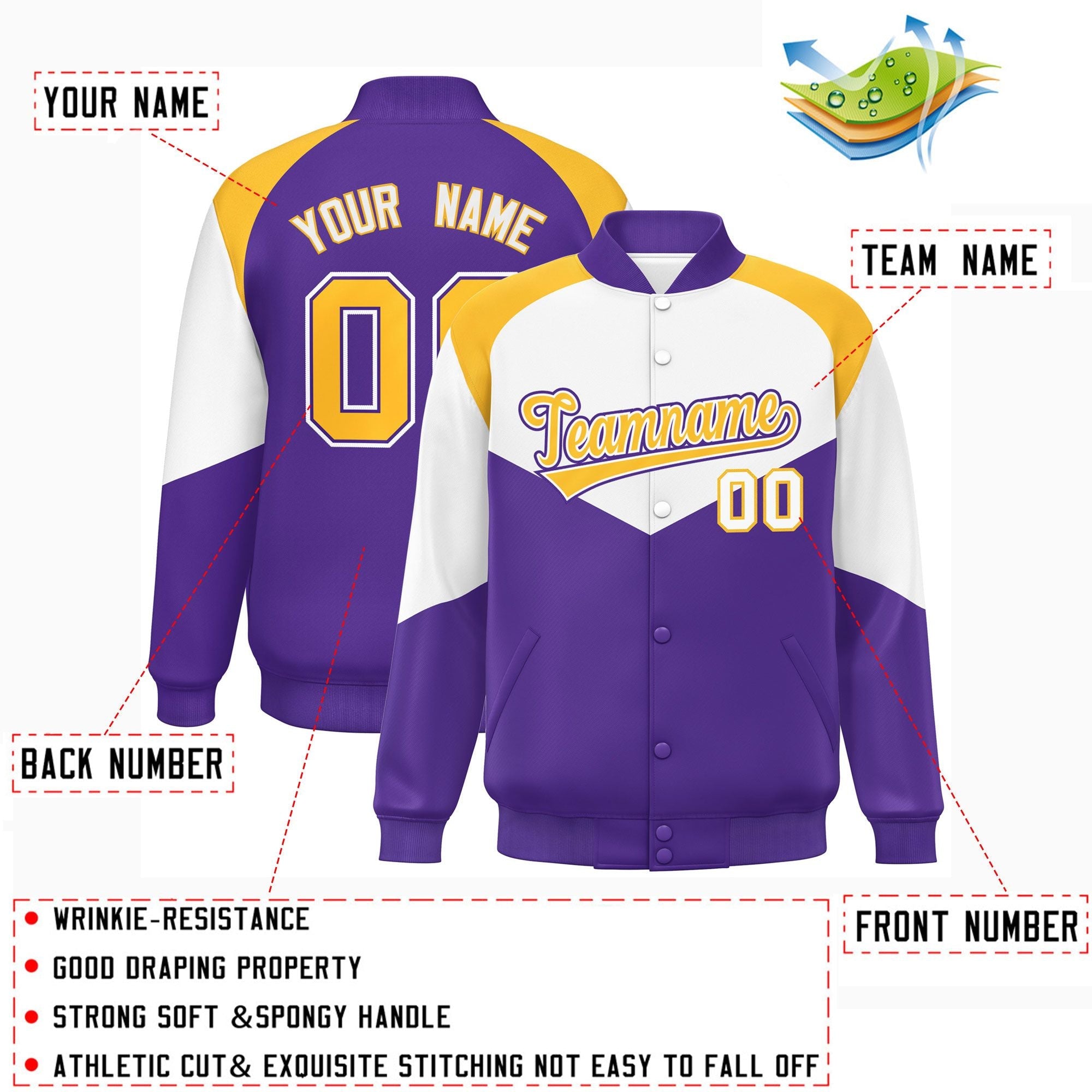 Custom White Purple Varsity Full-Snap Color Block Letterman Jacket