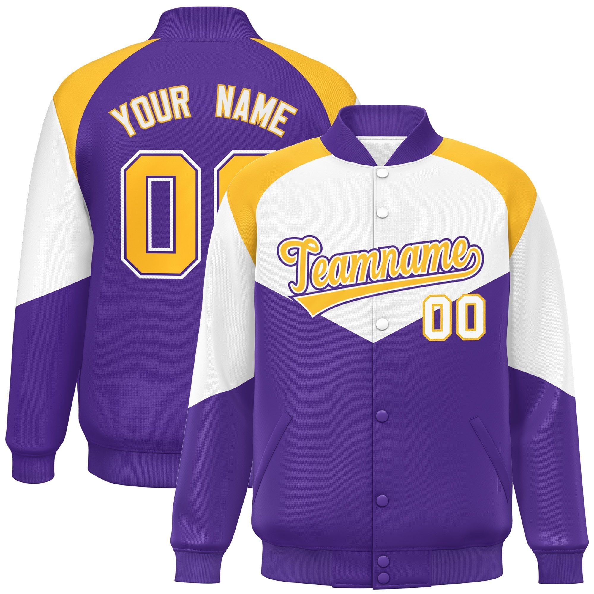 Custom White Purple Varsity Full-Snap Color Block Letterman Jacket