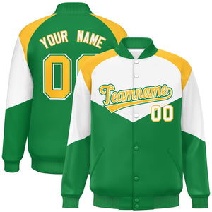 Custom White Kelly Green Varsity Full-Snap Color Block Letterman Jacket