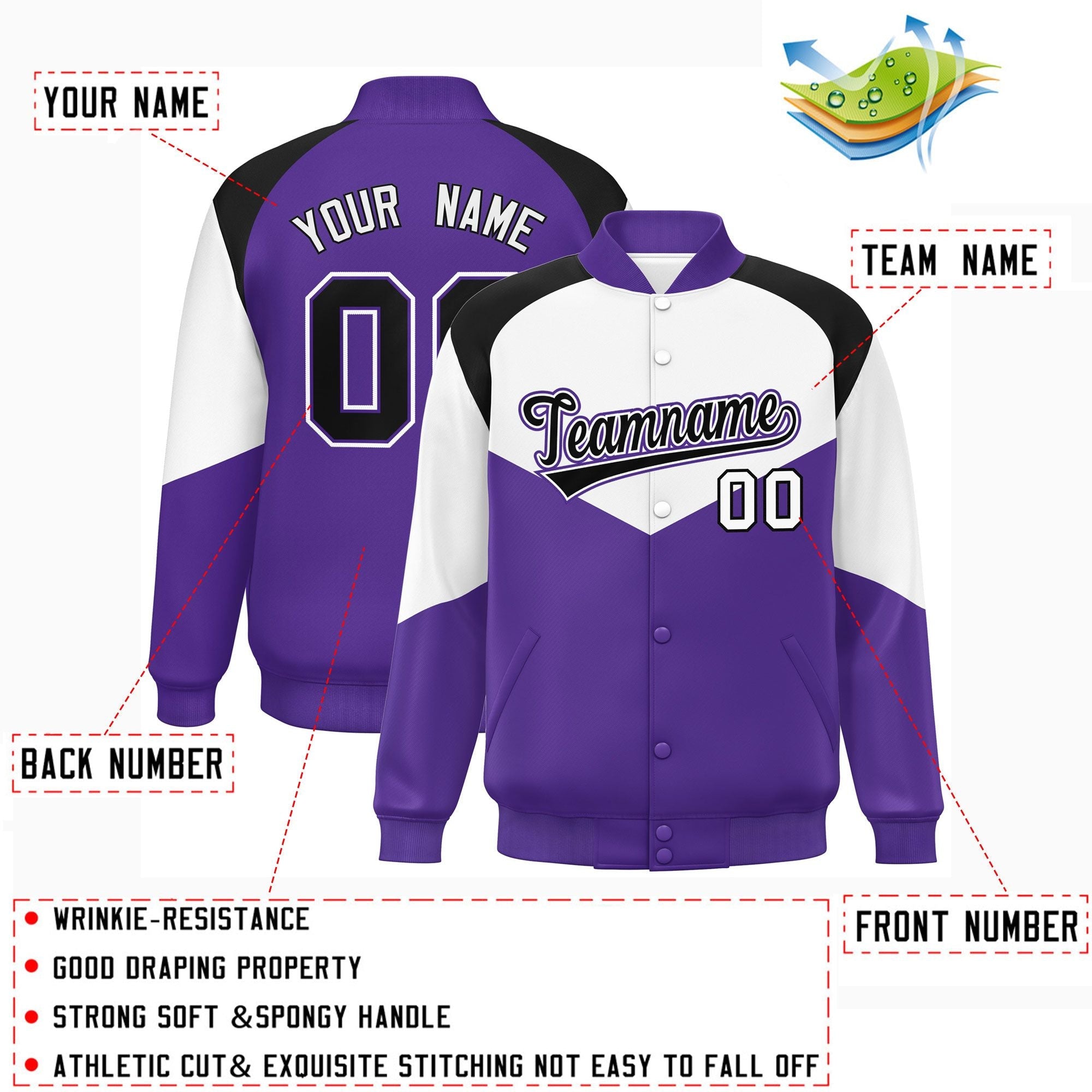 Custom White Purple Varsity Full-Snap Color Block Letterman Jacket