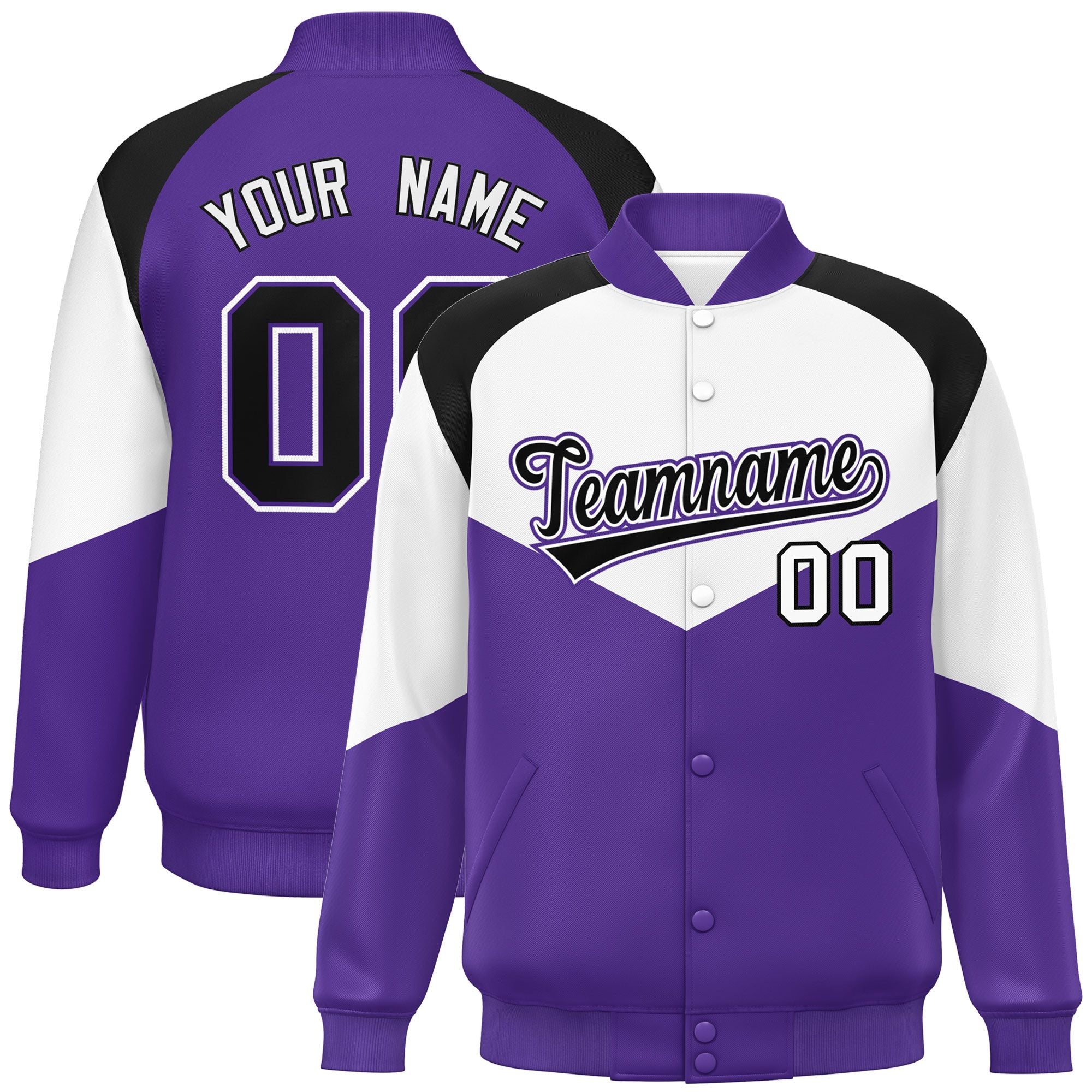 Custom White Purple Varsity Full-Snap Color Block Letterman Jacket