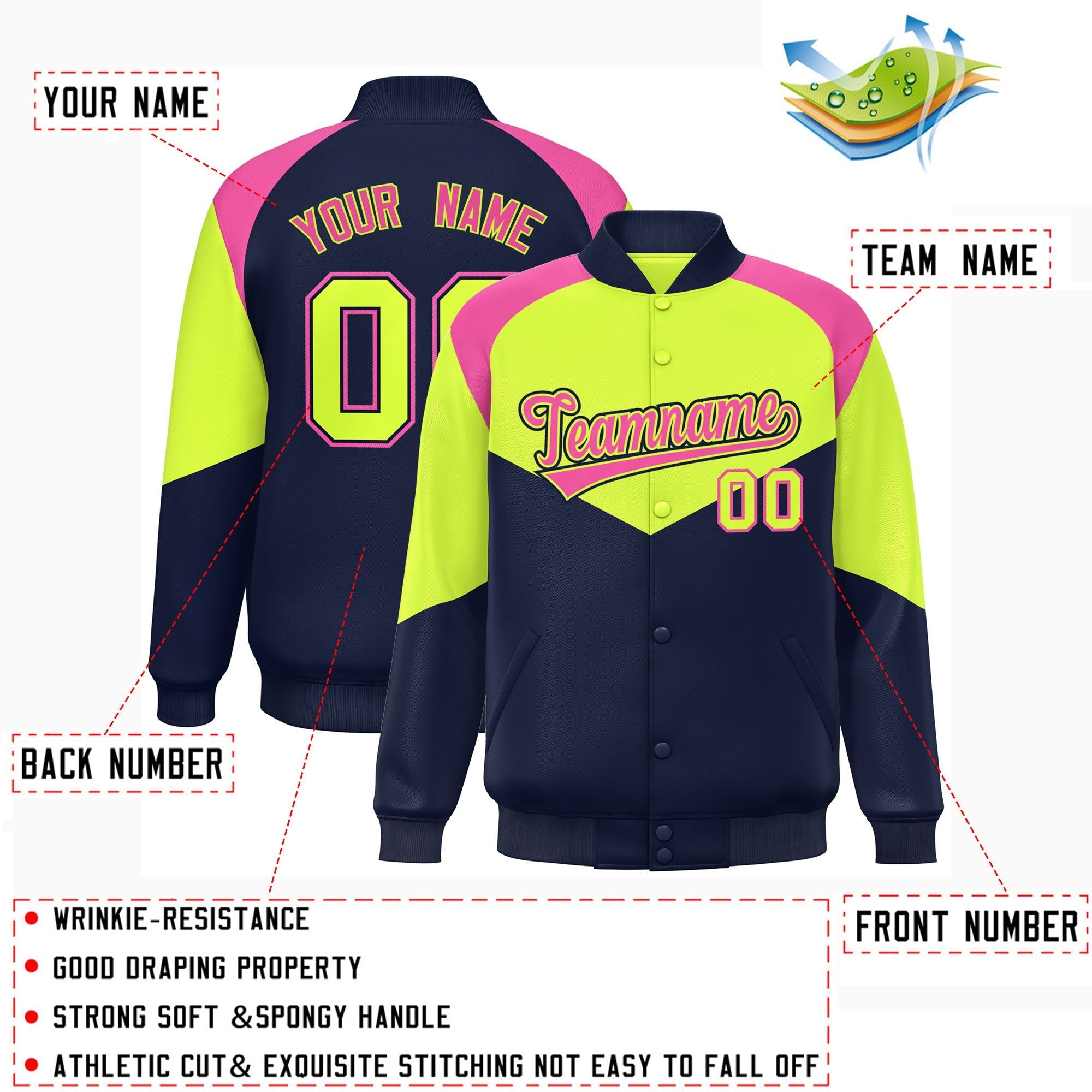 Custom Neon Green Navy Varsity Full-Snap Color Block Letterman Jacket