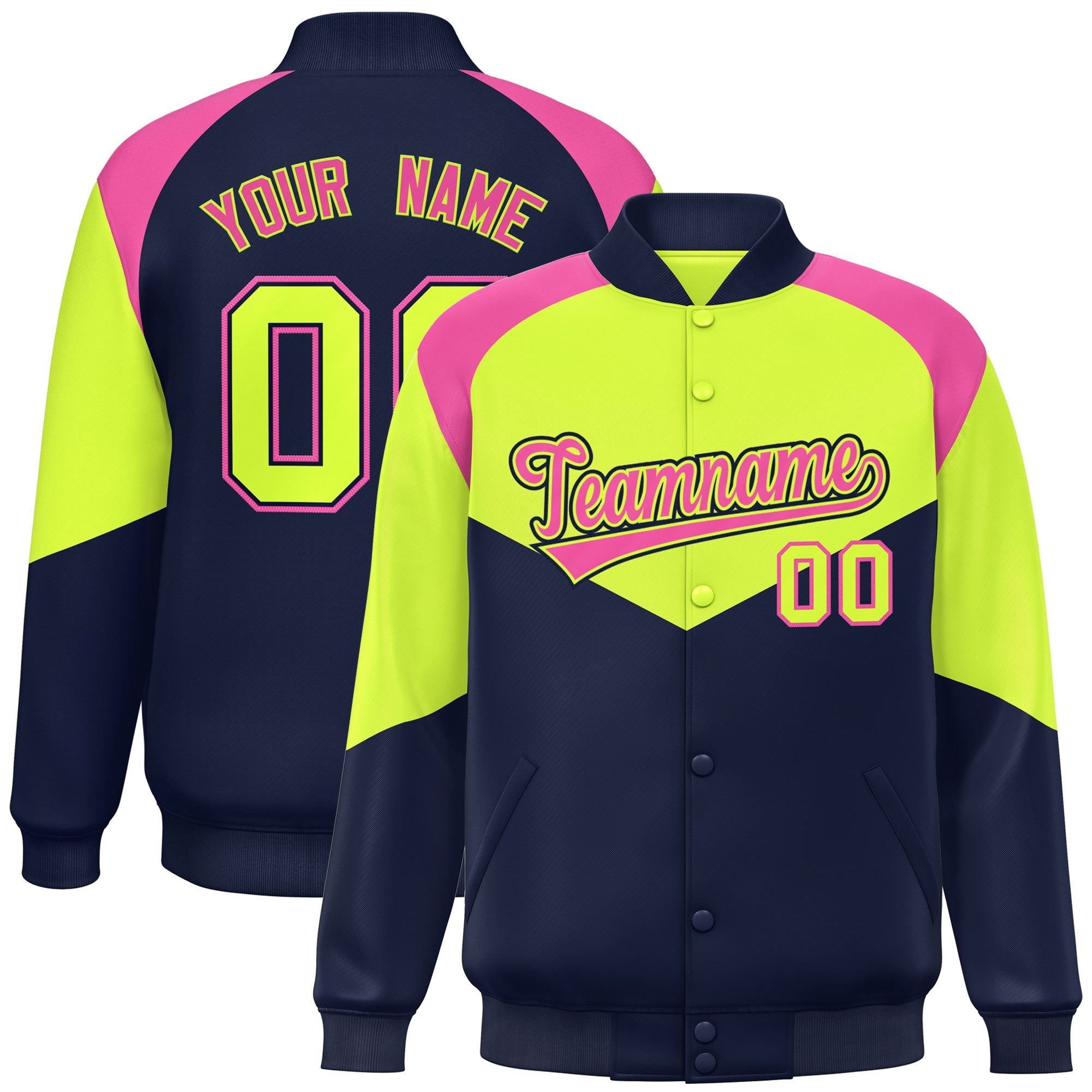 Custom Neon Green Navy Varsity Full-Snap Color Block Letterman Jacket