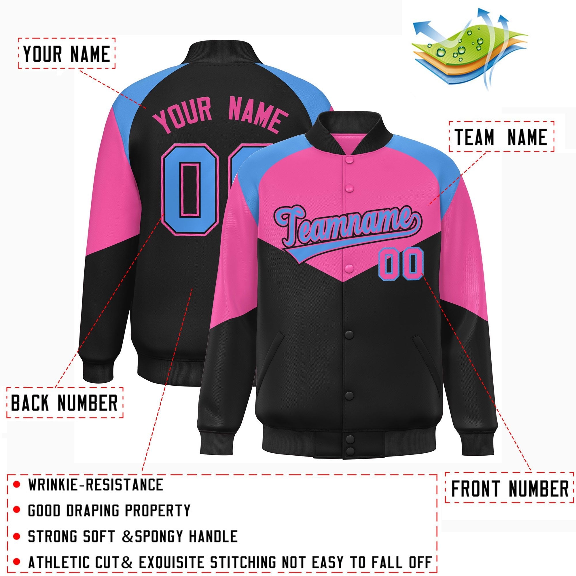 Custom Pink Black Varsity Full-Snap Color Block Letterman Jacket