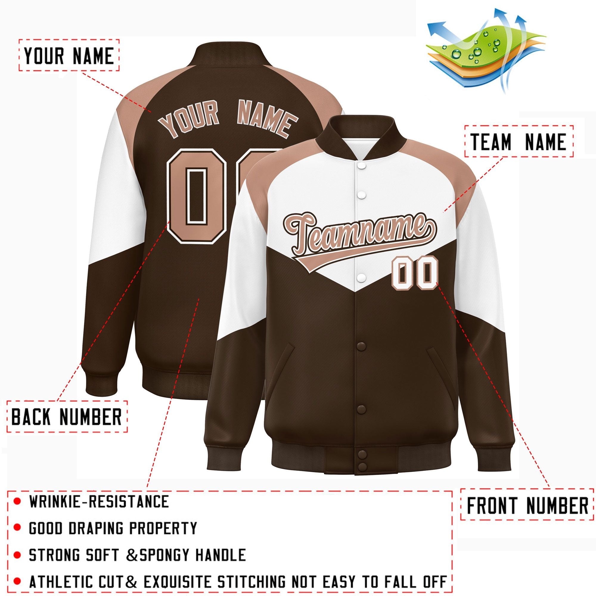 Custom White Light Brown Varsity Full-Snap Color Block Letterman Jacket