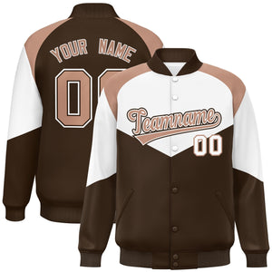 Custom White Light Brown Varsity Full-Snap Color Block Letterman Jacket