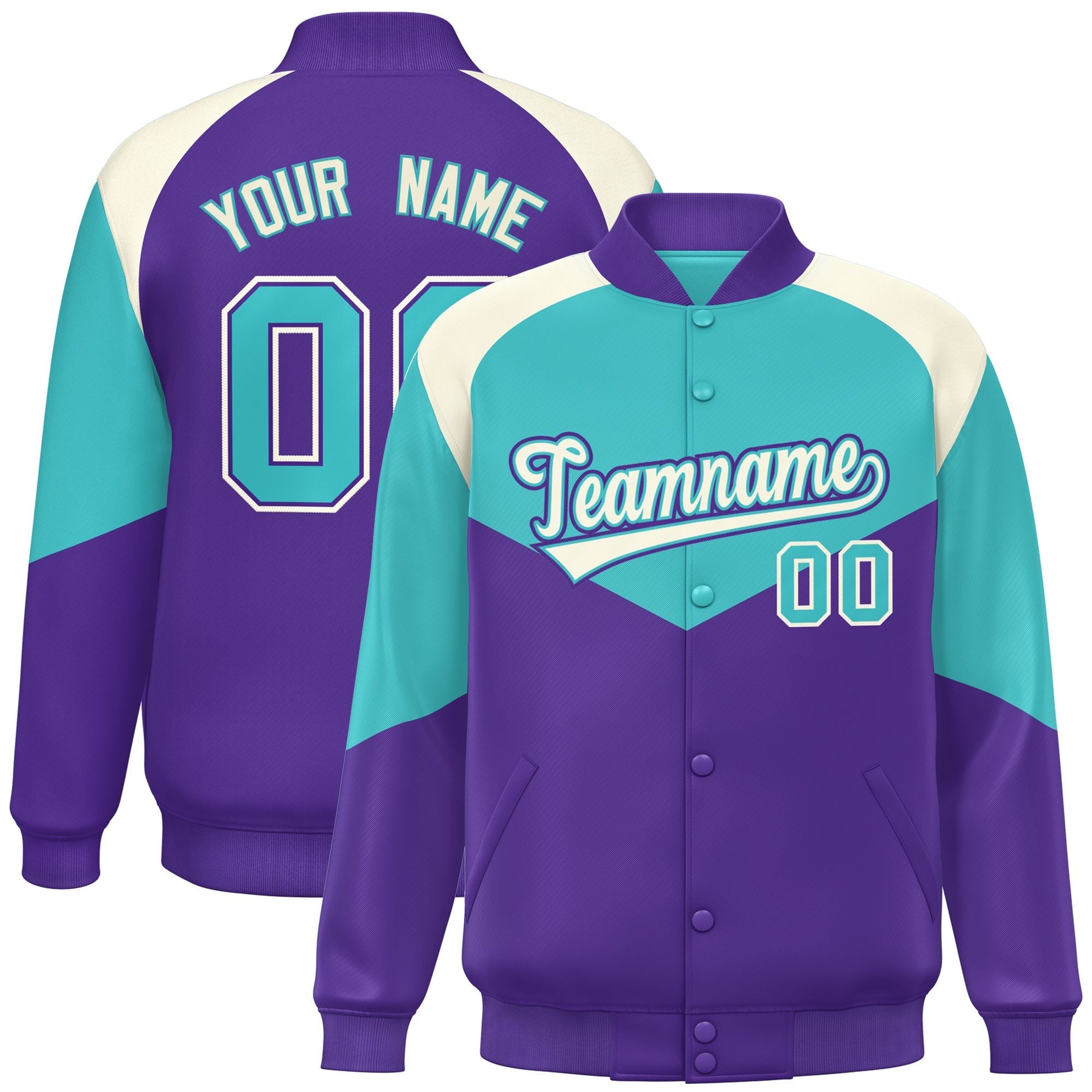 Custom Bright Green Purple Varsity Full-Snap Color Block Letterman Jacket