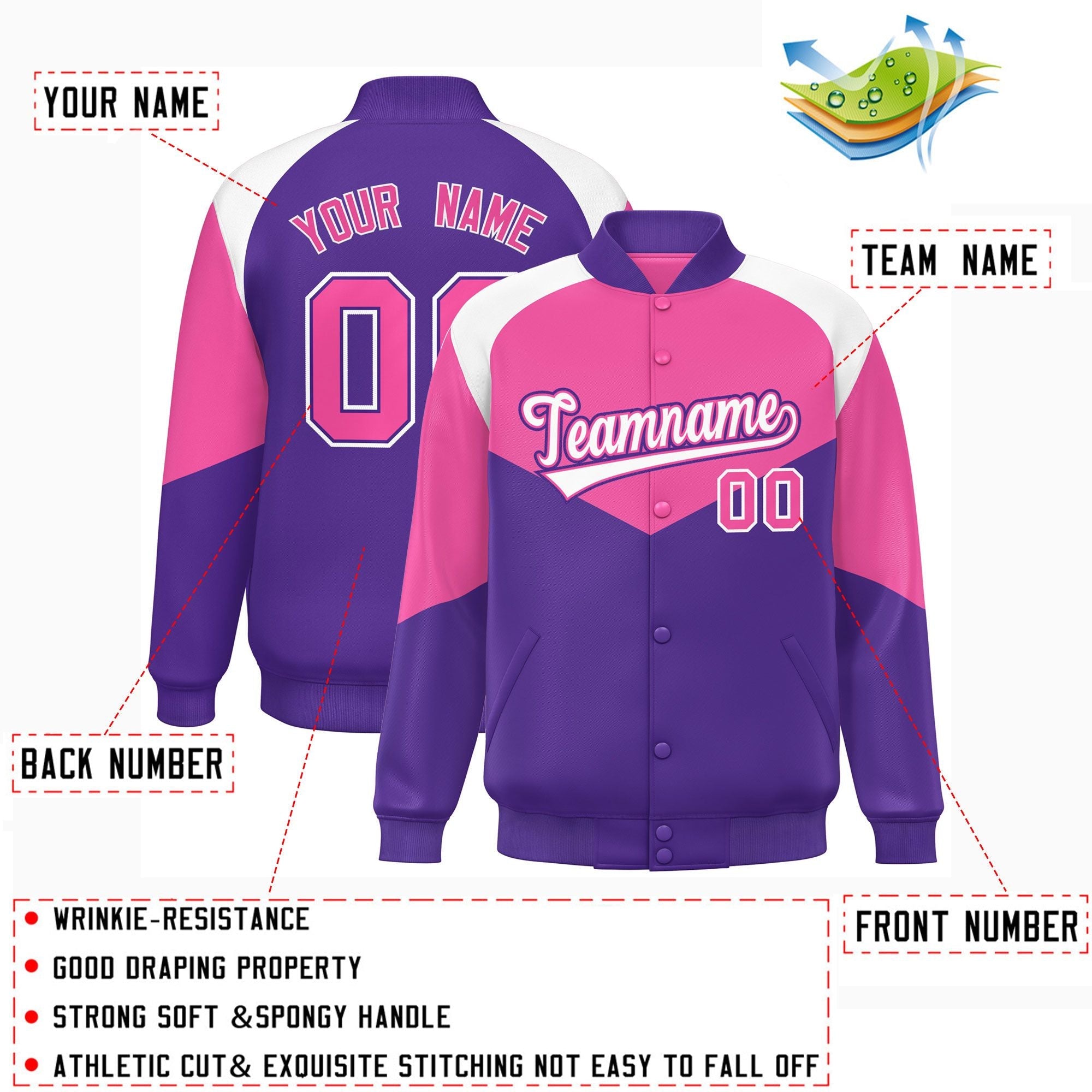 Custom Pink Purple Varsity Full-Snap Color Block Letterman Jacket