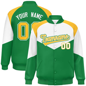 Custom White Kelly Green Varsity Full-Snap Color Block Letterman Jacket