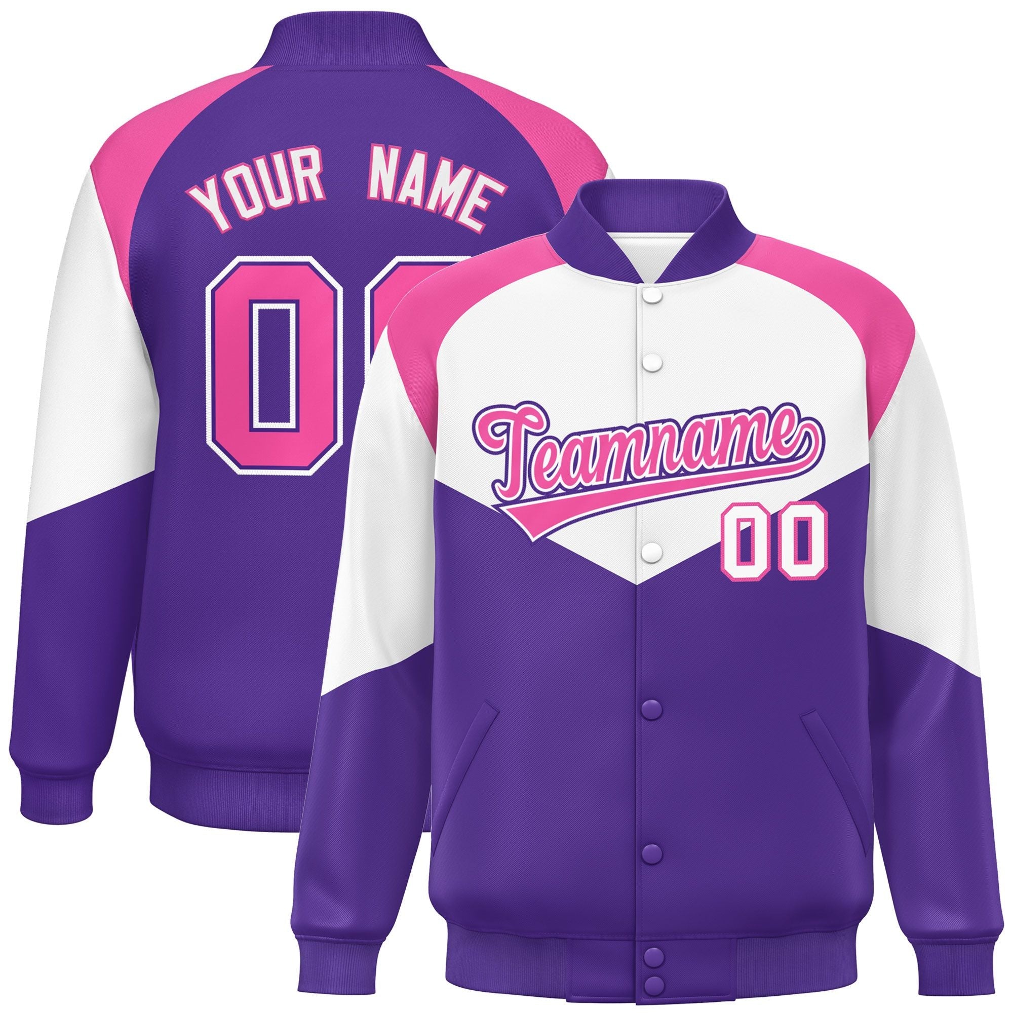 Custom White Purple Varsity Full-Snap Color Block Letterman Jacket