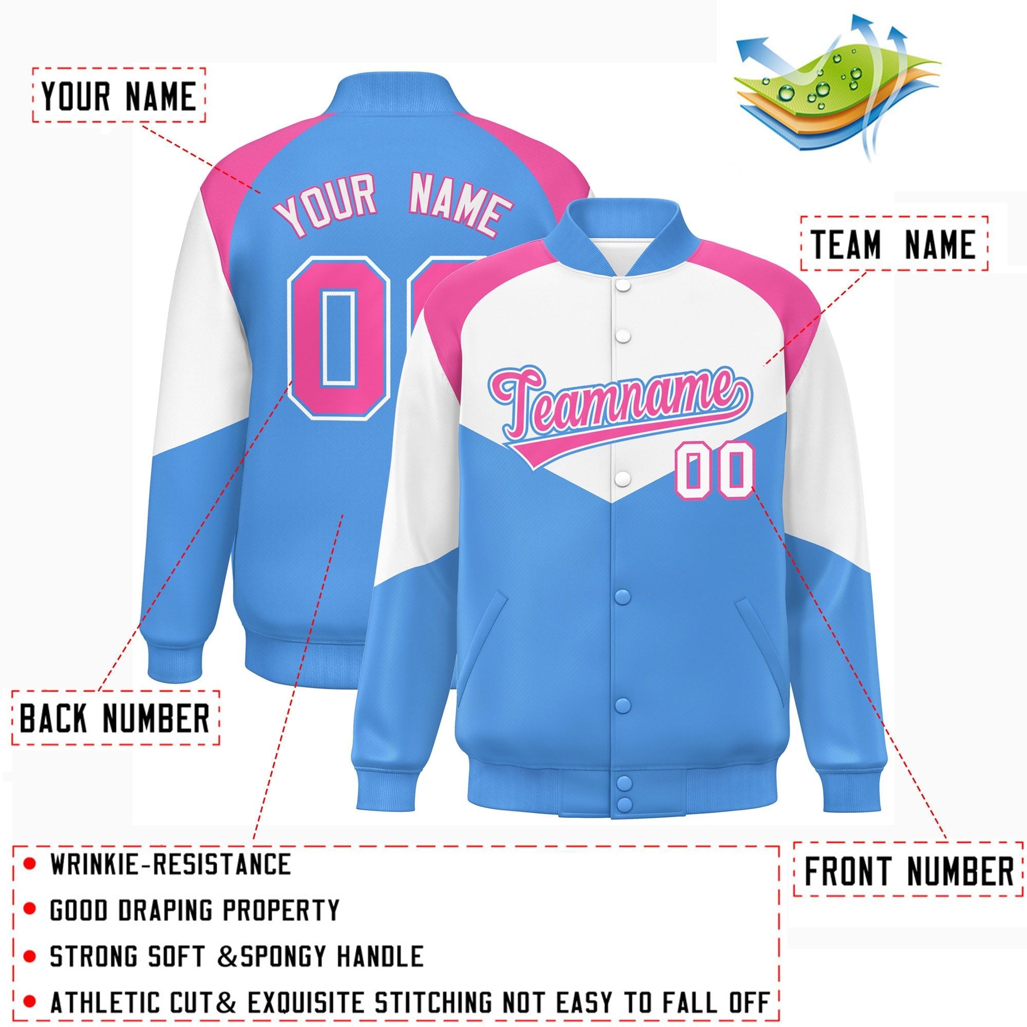 Custom White Powder Blue Varsity Full-Snap Color Block Letterman Jacket