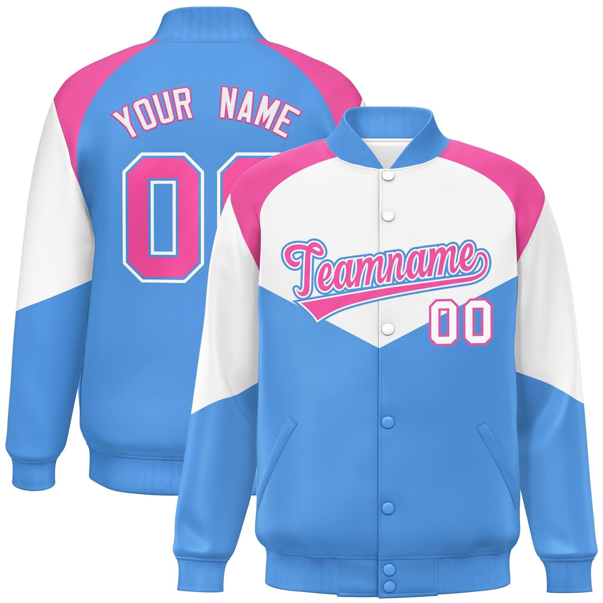 Custom White Powder Blue Varsity Full-Snap Color Block Letterman Jacket