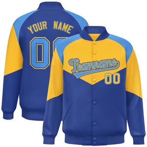 Custom Gold Royal Varsity Full-Snap Color Block Letterman Jacket