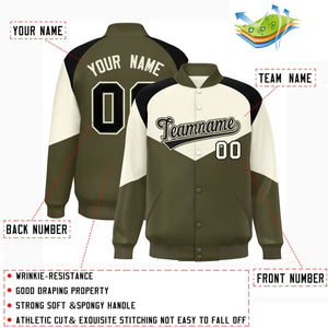 Custom Cream Olive Varsity Full-Snap Color Block Letterman Jacket