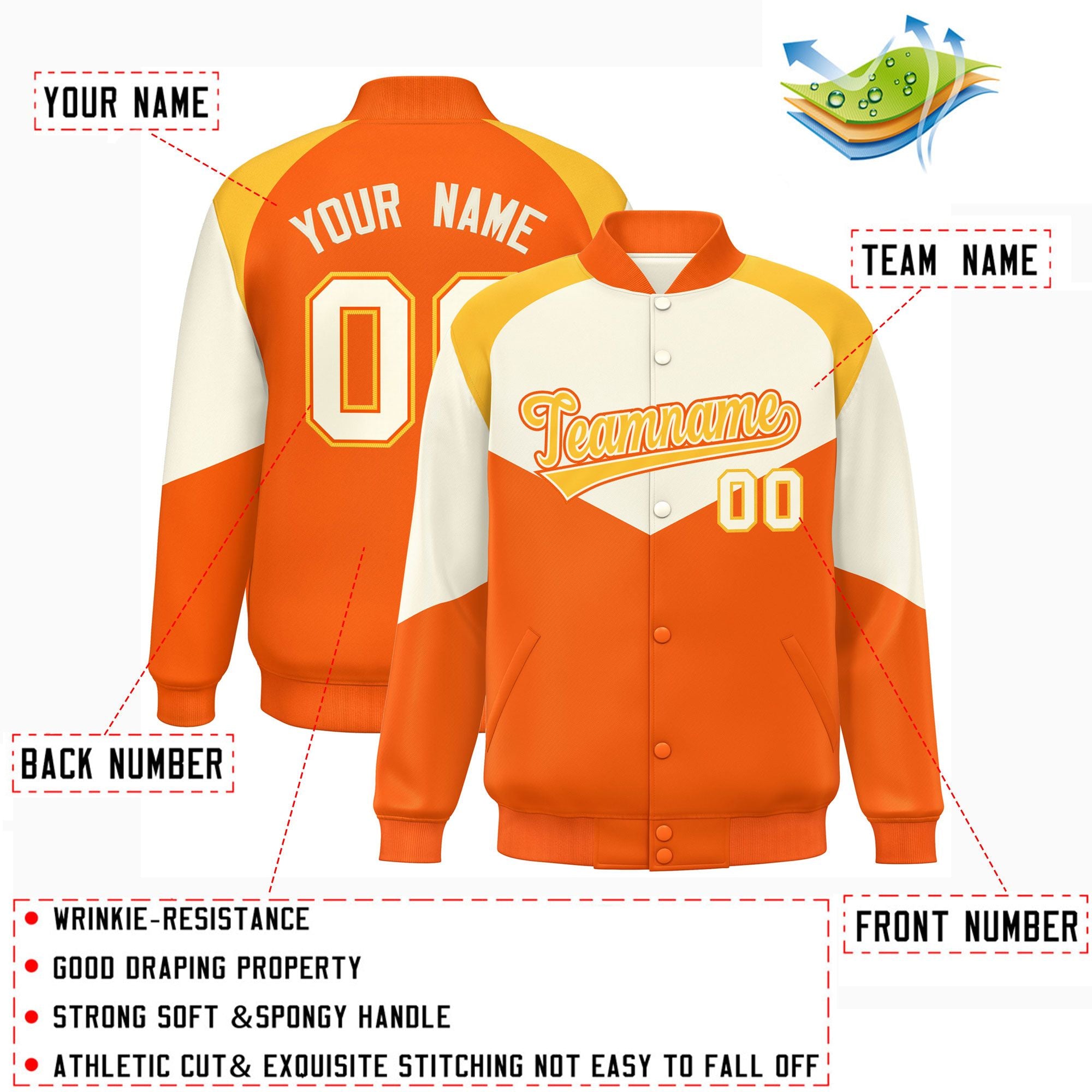 Custom Cream Orange Varsity Full-Snap Color Block Letterman Jacket