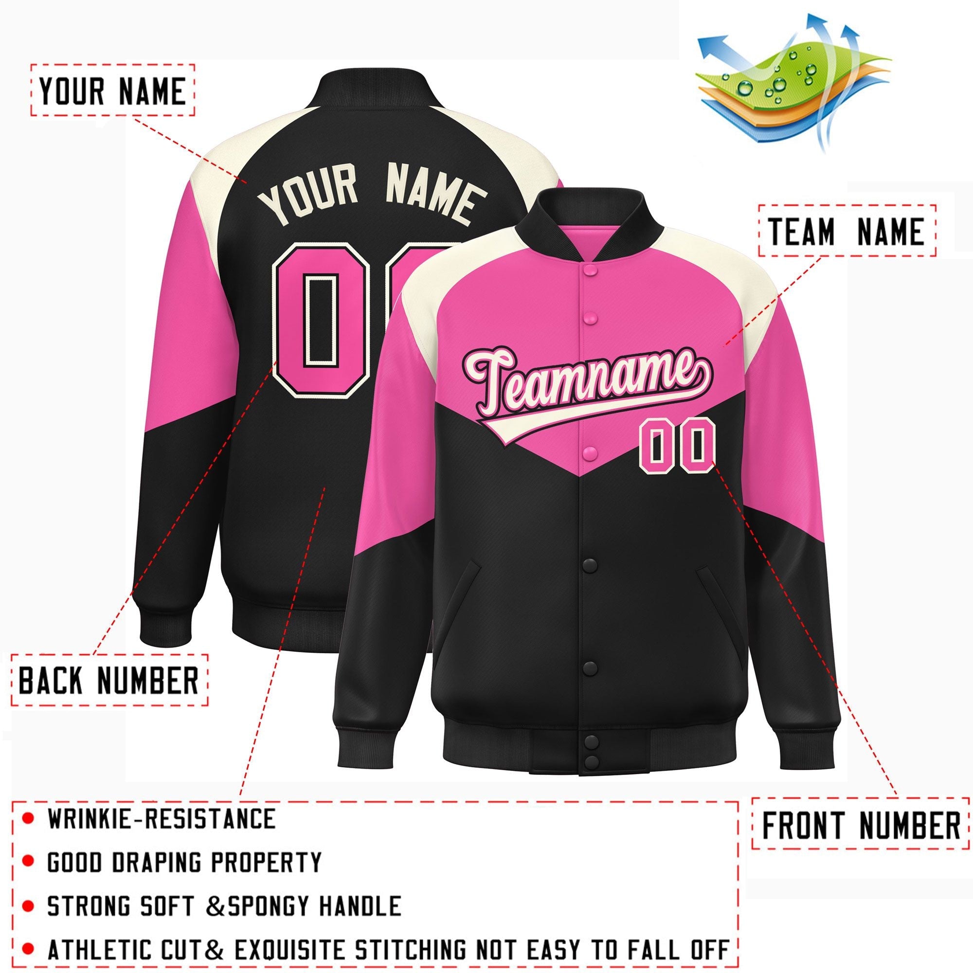 Custom Pink Black Varsity Full-Snap Color Block Letterman Jacket