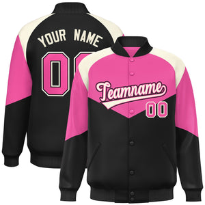 Custom Pink Black Varsity Full-Snap Color Block Letterman Jacket