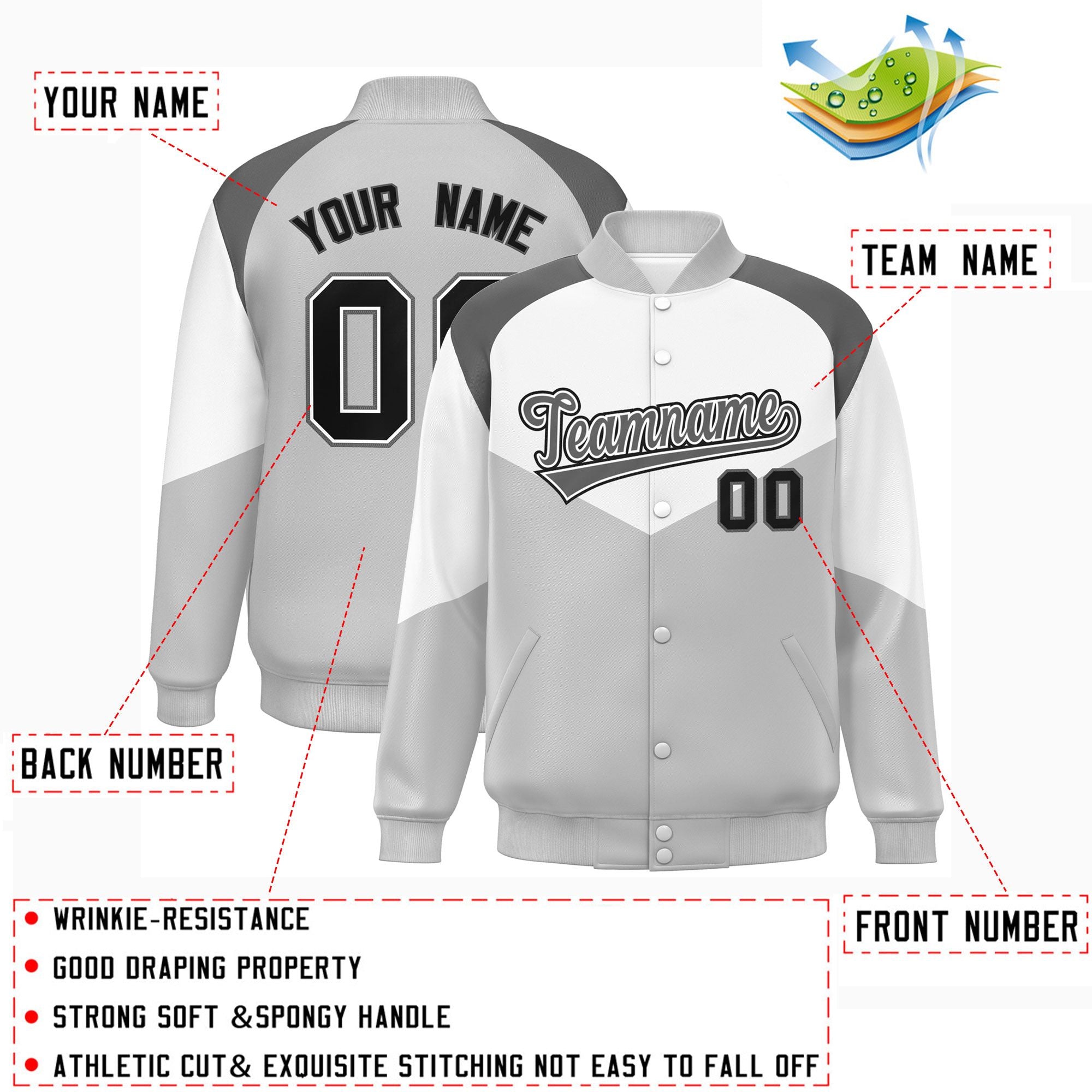 Custom White Gray Varsity Full-Snap Color Block Letterman Jacket