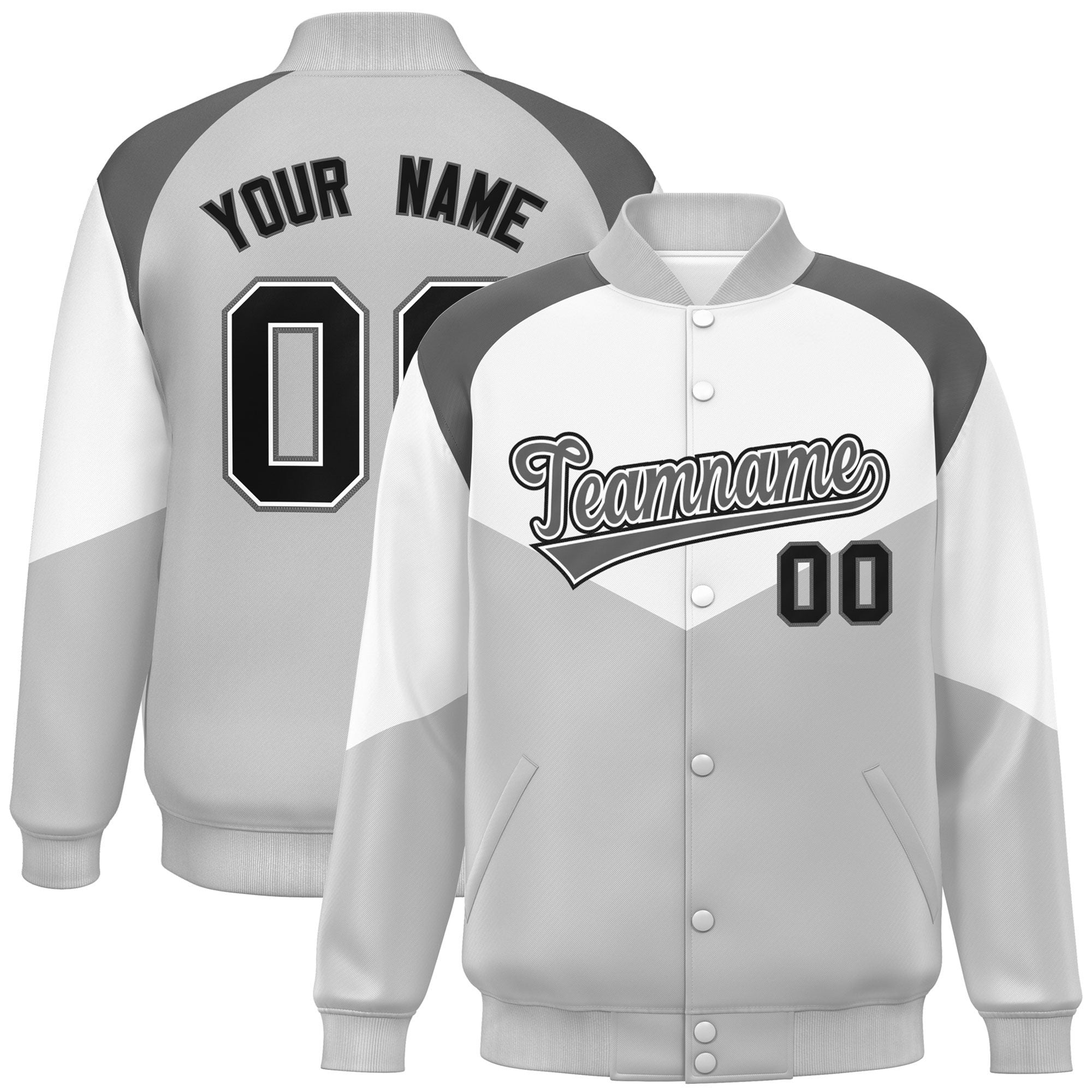 Custom White Gray Varsity Full-Snap Color Block Letterman Jacket