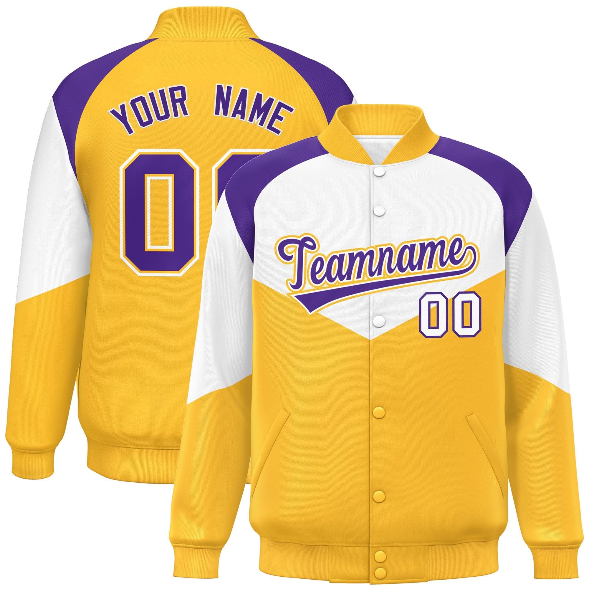 Custom White Gold Varsity Full-Snap Color Block Letterman Jacket