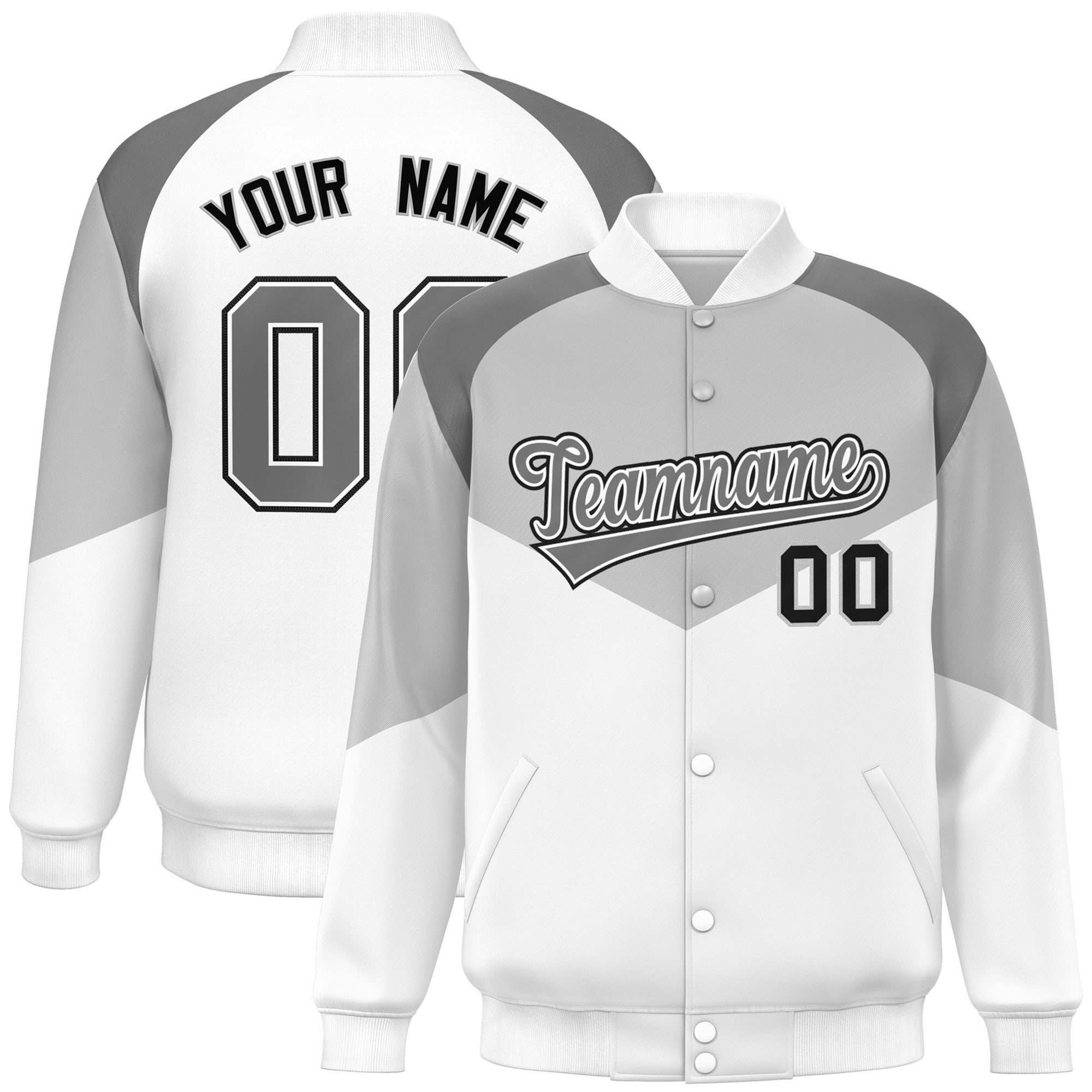 Custom Gray White Varsity Full-Snap Color Block Letterman Jacket