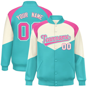 Custom Cream Bright Green Varsity Full-Snap Color Block Letterman Jacket