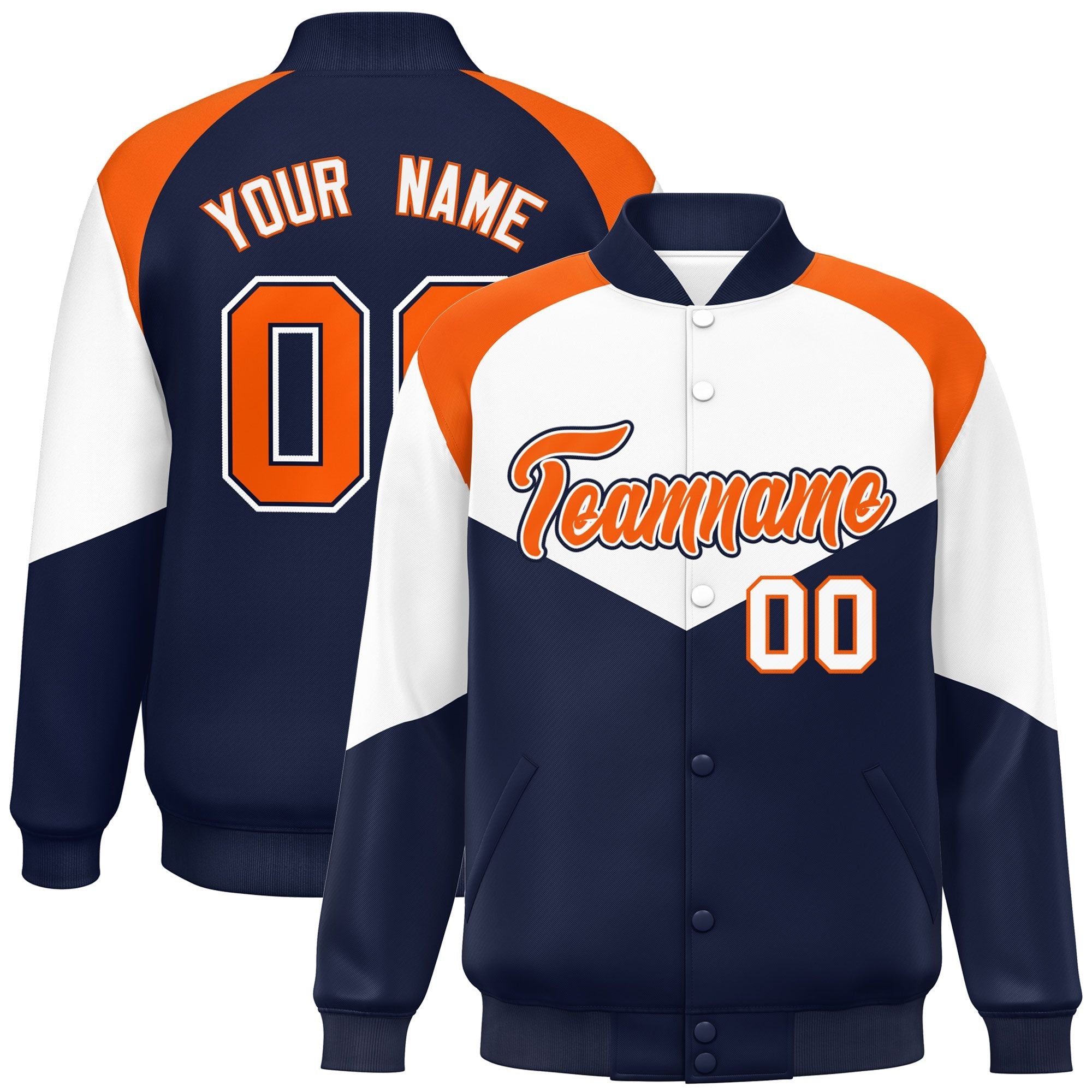 Custom White Navy Varsity Full-Snap Color Block Letterman Jacket