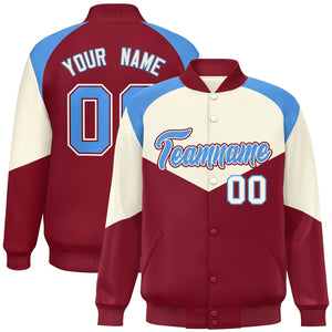 Custom Cream Crimson Varsity Full-Snap Color Block Letterman Jacket