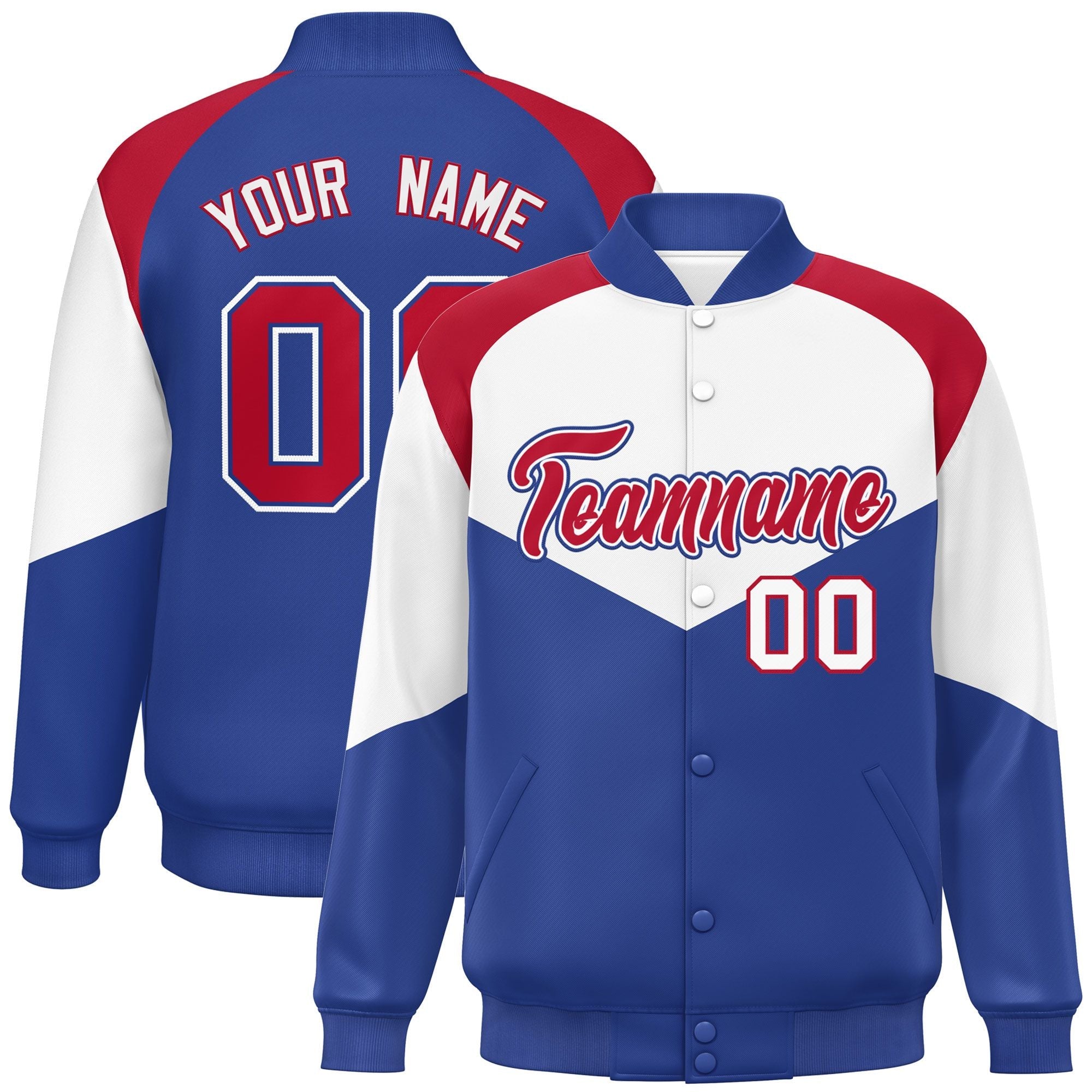 Custom White Royal Varsity Full-Snap Color Block Letterman Jacket