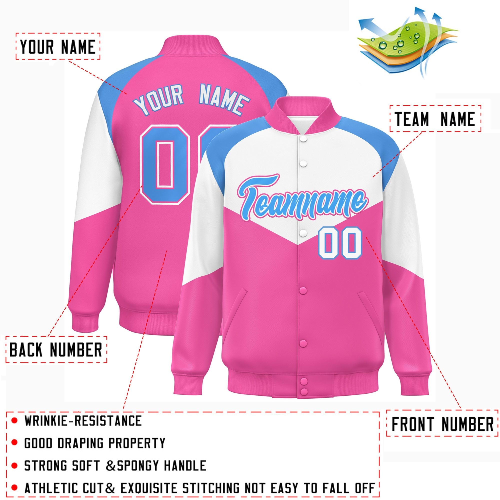 Custom White Pink Varsity Full-Snap Color Block Letterman Jacket