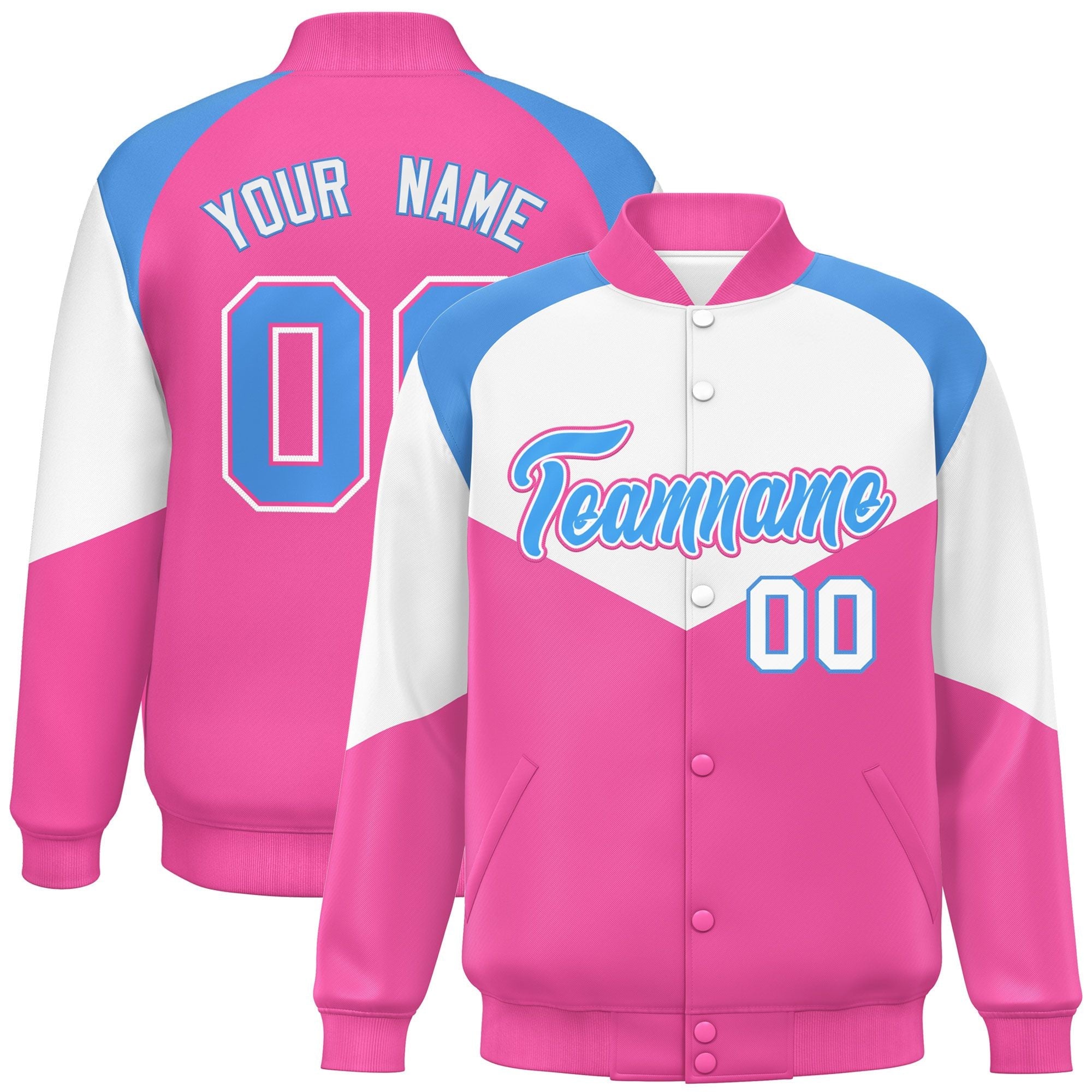 Custom White Pink Varsity Full-Snap Color Block Letterman Jacket