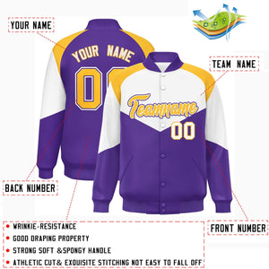 Custom White Purple Varsity Full-Snap Color Block Letterman Jacket