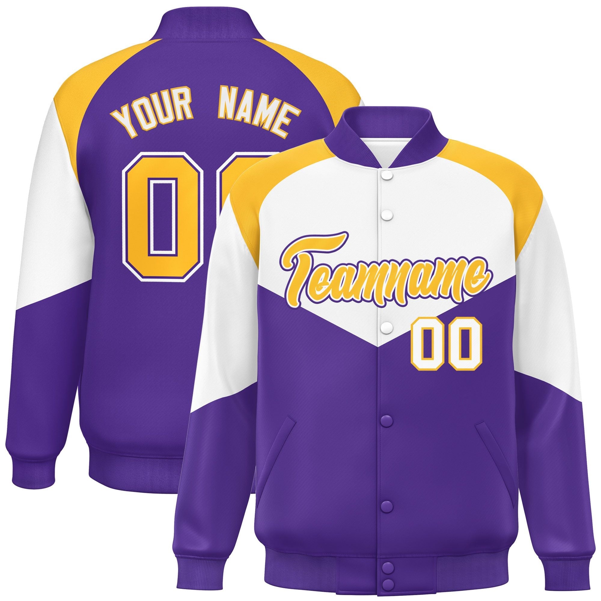 Custom White Purple Varsity Full-Snap Color Block Letterman Jacket