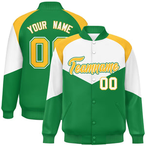 Custom White Kelly Green Varsity Full-Snap Color Block Letterman Jacket