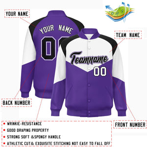 Custom White Purple Varsity Full-Snap Color Block Letterman Jacket