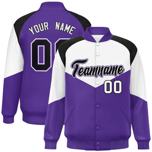 Custom White Purple Varsity Full-Snap Color Block Letterman Jacket