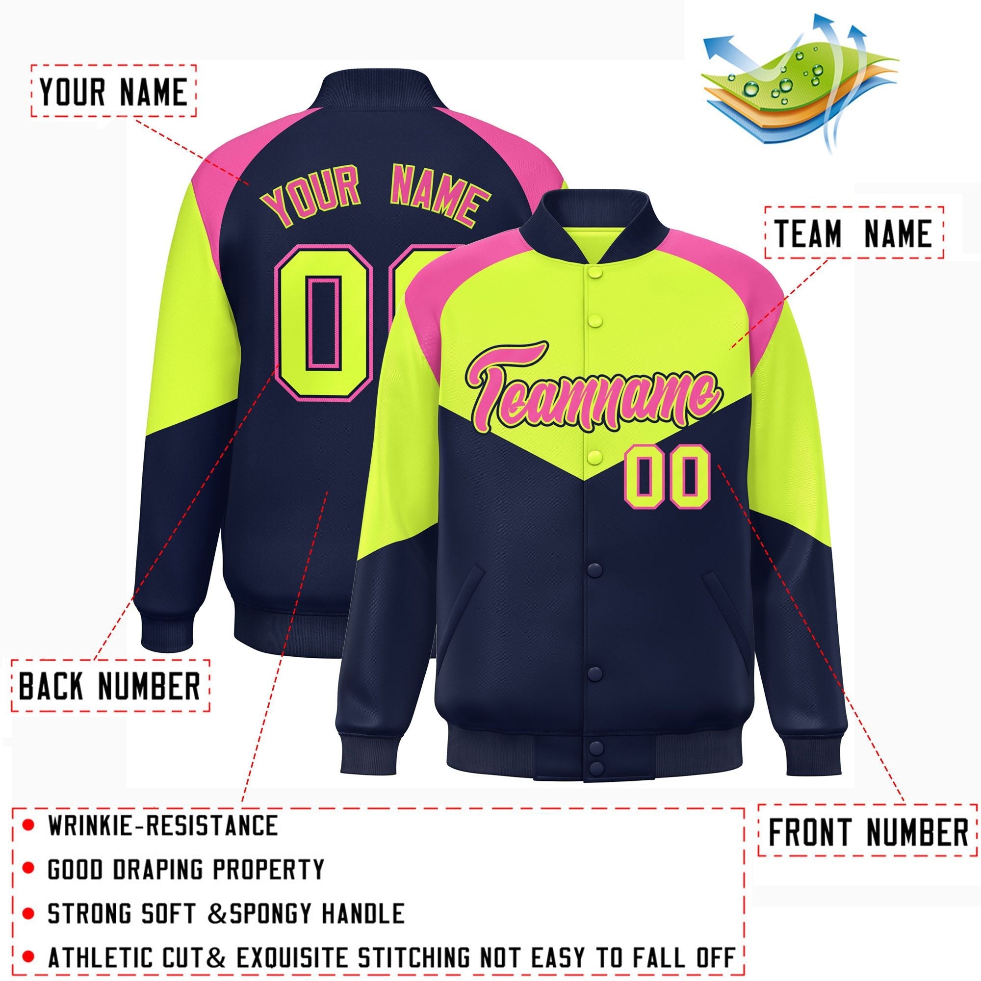 Custom Neon Green Navy Varsity Full-Snap Color Block Letterman Jacket