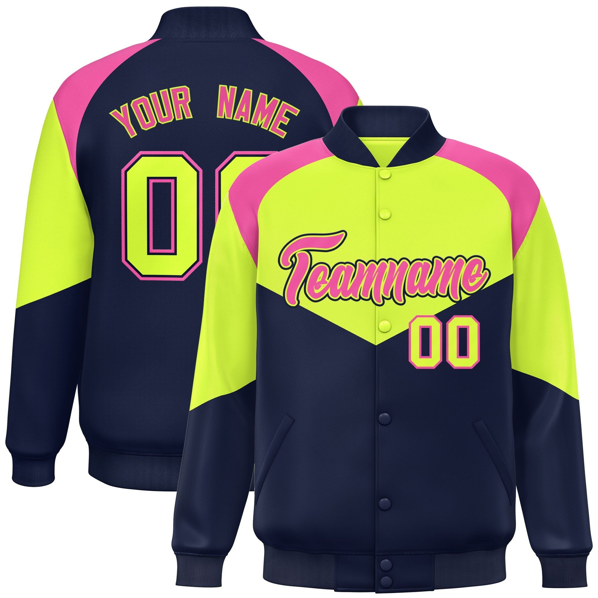 Custom Neon Green Navy Varsity Full-Snap Color Block Letterman Jacket