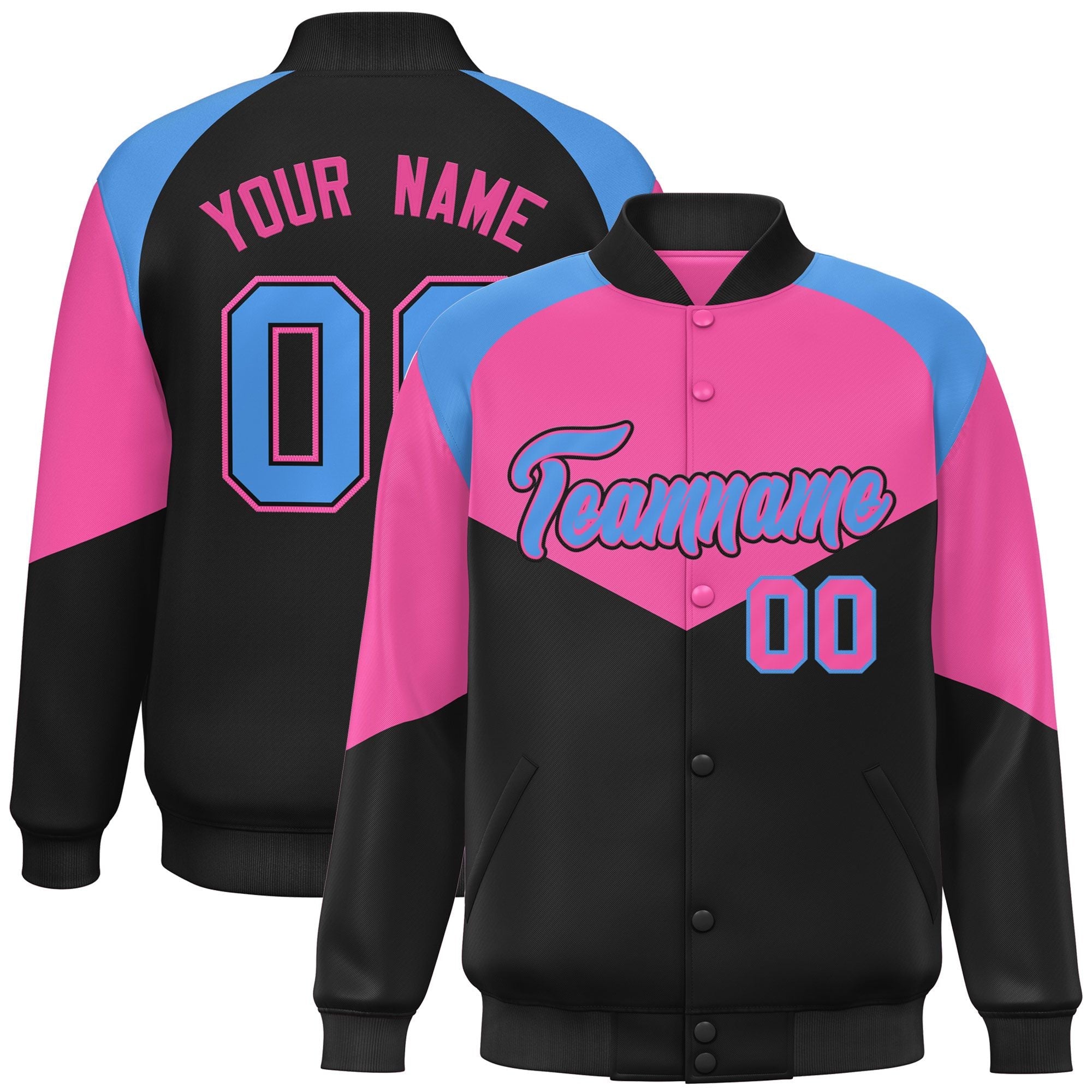 Custom Pink Black Varsity Full-Snap Color Block Letterman Jacket