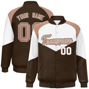 Custom White Light Brown Varsity Full-Snap Color Block Letterman Jacket